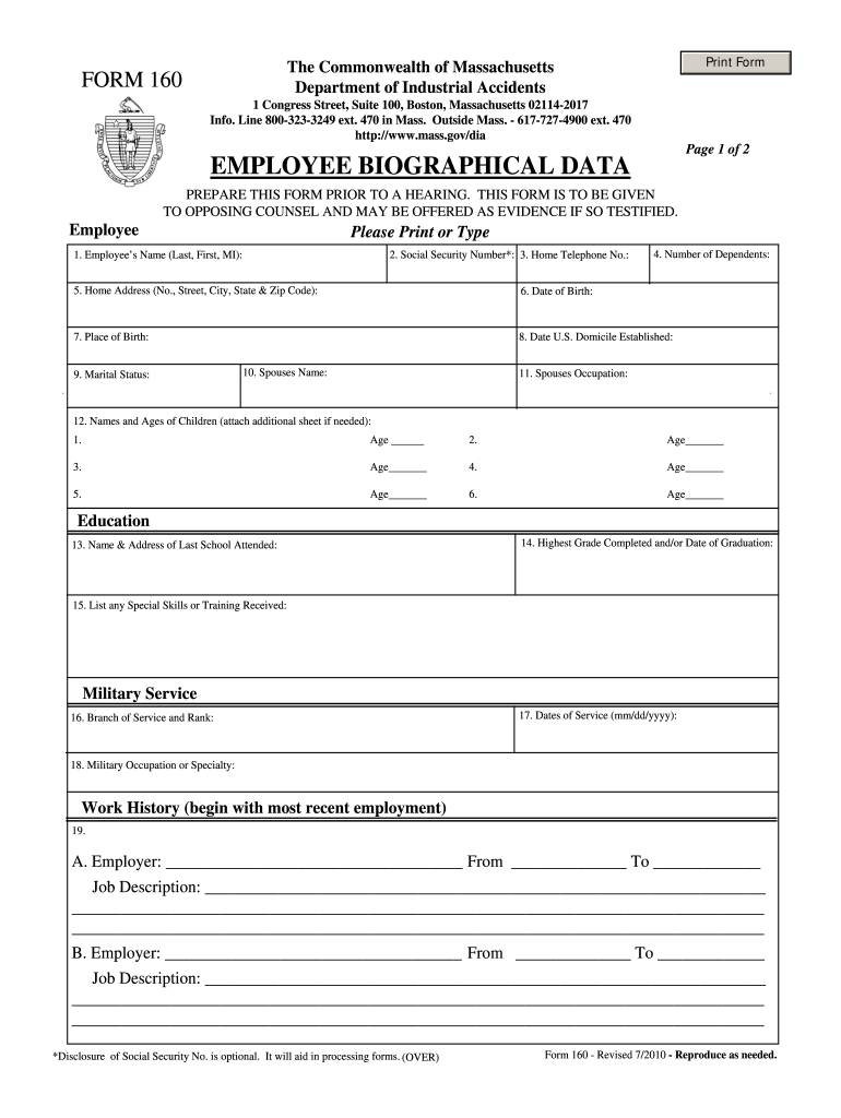  Employee Biographical Data Form 160 Mass Gov Mass 2010