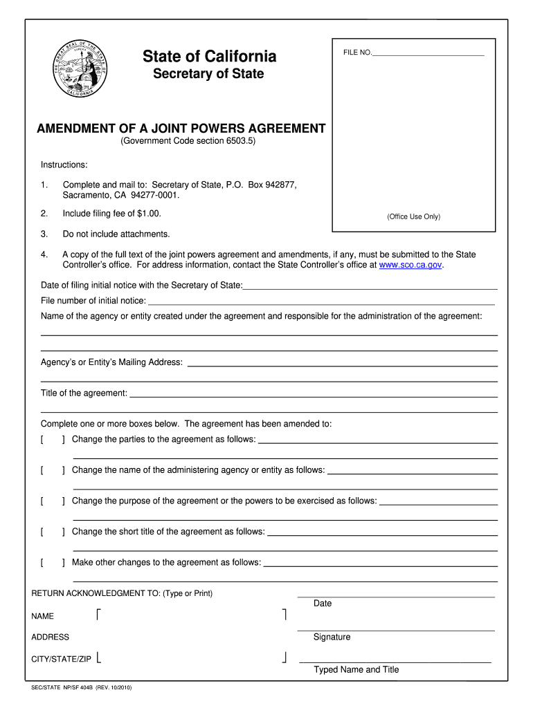  California of Secretary of State Amendment of a Joint Powers Agreement Form 2010