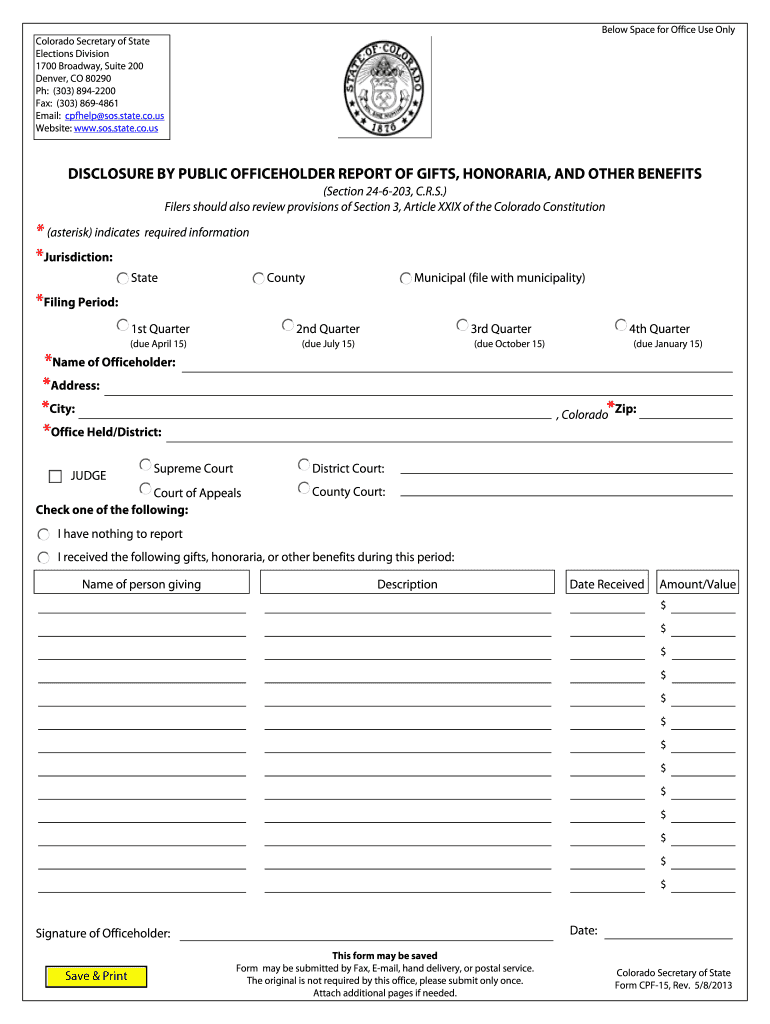 Colorado Disclosure of Office Holder Report of Gifts Honoraria Form