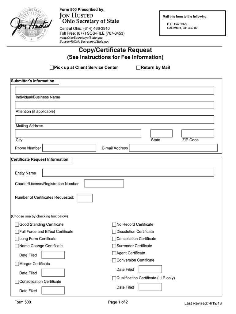 CopyCertificate Request  Ohio Secretary of State  Sos State Oh  Form