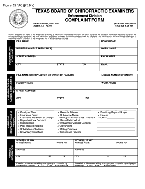 Texas Board of Chiropractic Examiners Complaint Form