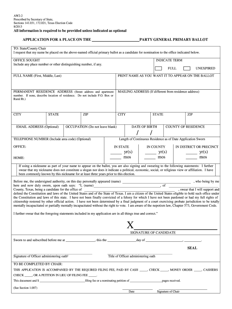  Texas Secretary of State Aw2 17 Form 2013