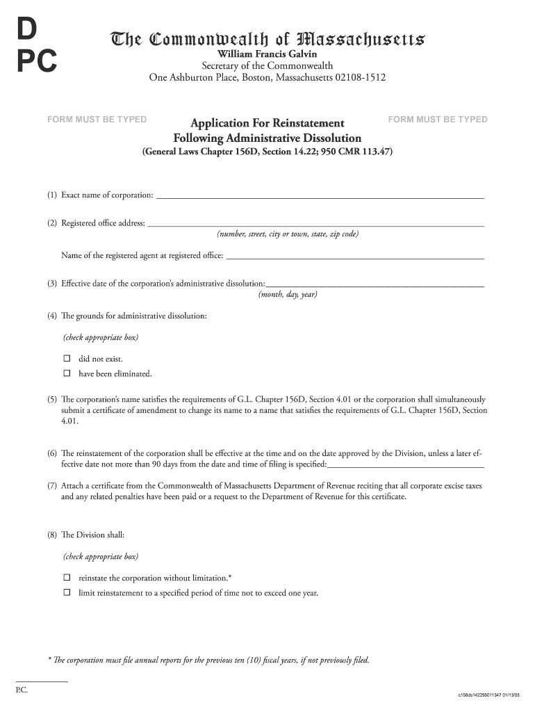  Application for Reinstatement Massachusetts 2005