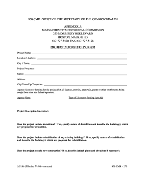 Project Notification Form Secretary of the Commonwealth Sec State Ma