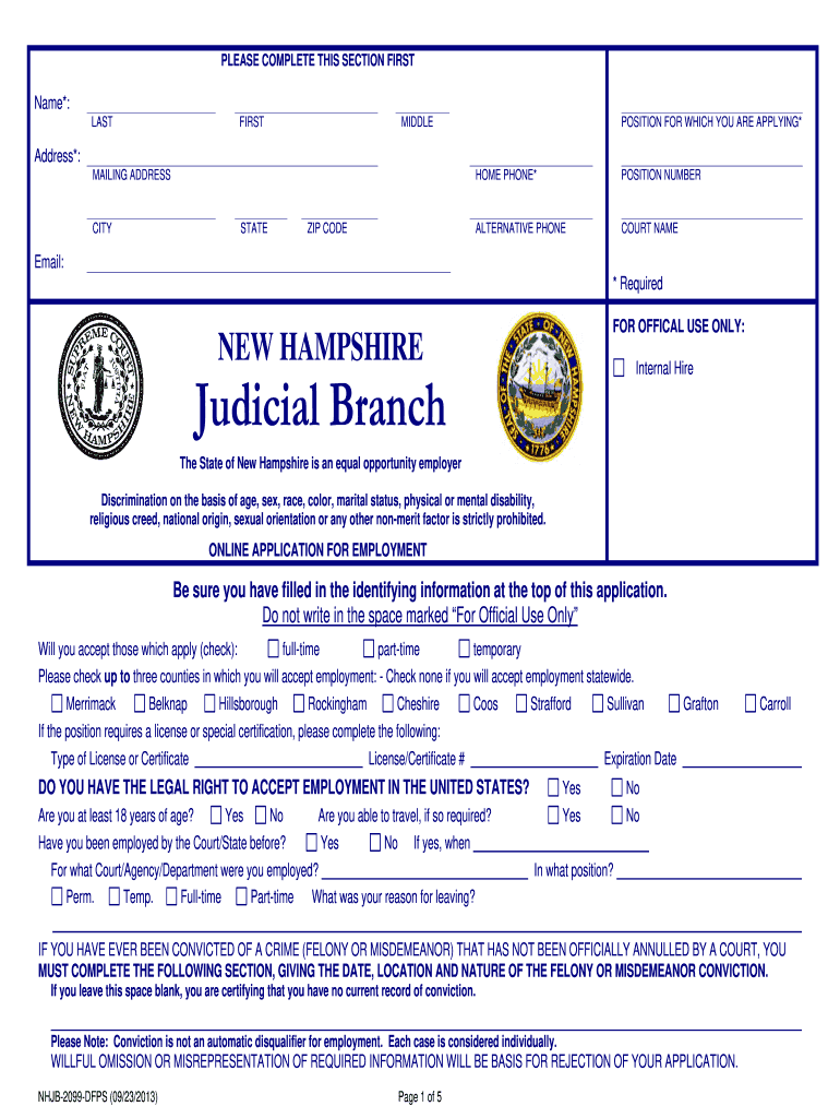  Judicial Branch Employment Application  New Hampshire Judicial    Courts State Nh 2013