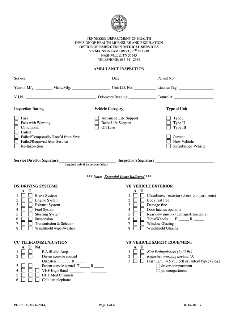 State of Tennessee Ambulance Requirements  Form