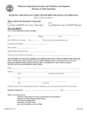 Request for Official Gedtranscript State of Tennessee Form