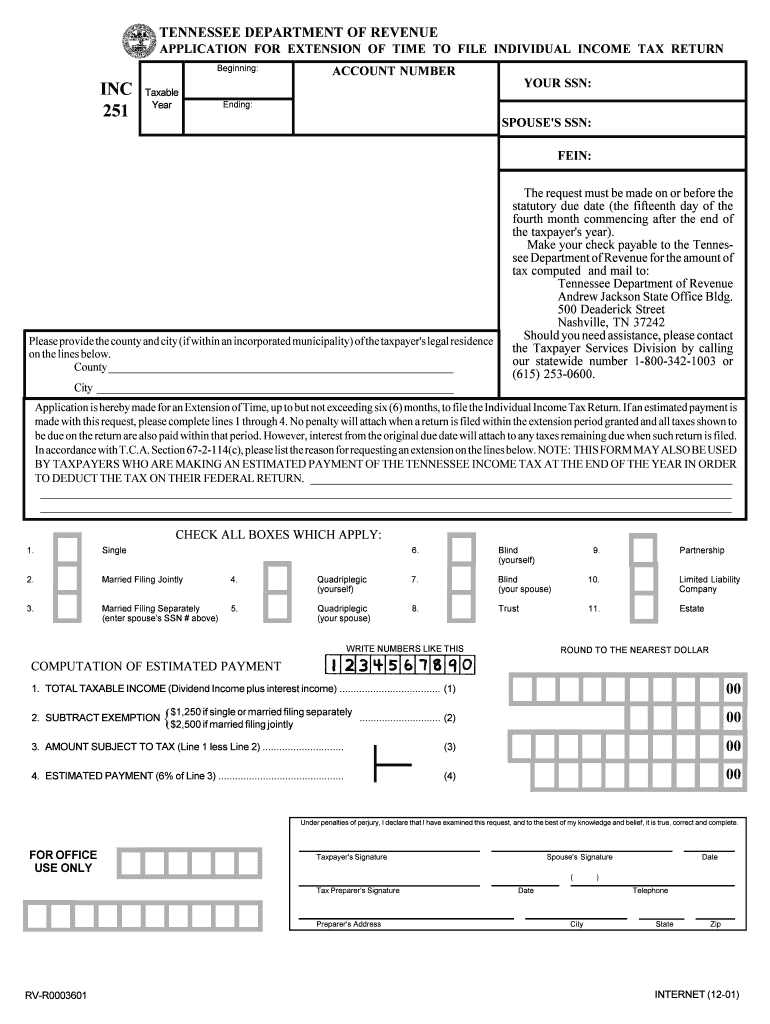 Fillable Tn Inc 250  Form