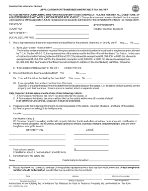 Application for Tennessee Inheritance Tax Waiver State Tn  Form