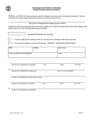 TENNESSEE DEPARTMENT of REVENUE ODOMETER DISCLOSURE STATEMENT State Tn  Form