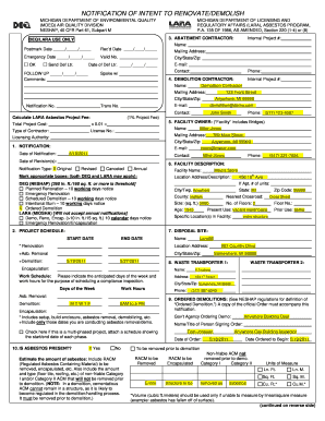 Mdeq Michigan Notification of Intent to Renovatedemolish Example Form