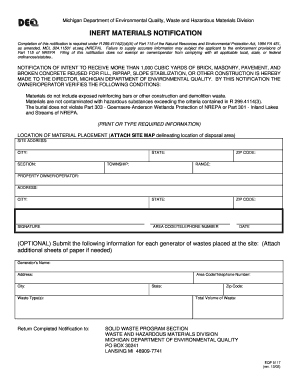 INERT MATERIALS NOTIFICATION State of Michigan Michigan  Form