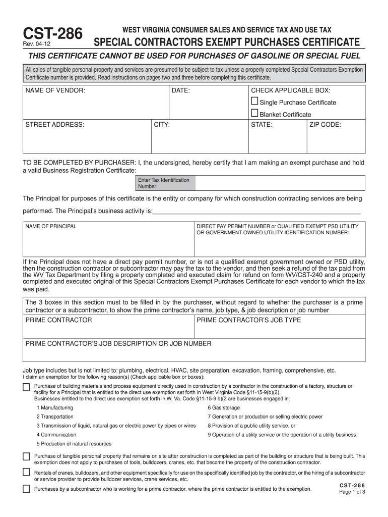 West Virginia Form Cst 286