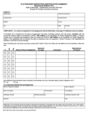 BCAL 5047, Playground Inspection Certification State of Michigan Michigan  Form