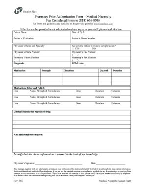  Pharmacy Prior Authorization Form Medical Necessity Health Net 2007-2024