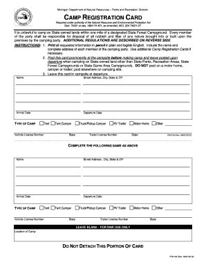 CAMP REGISTRATION CARD State of Michigan Michigan  Form