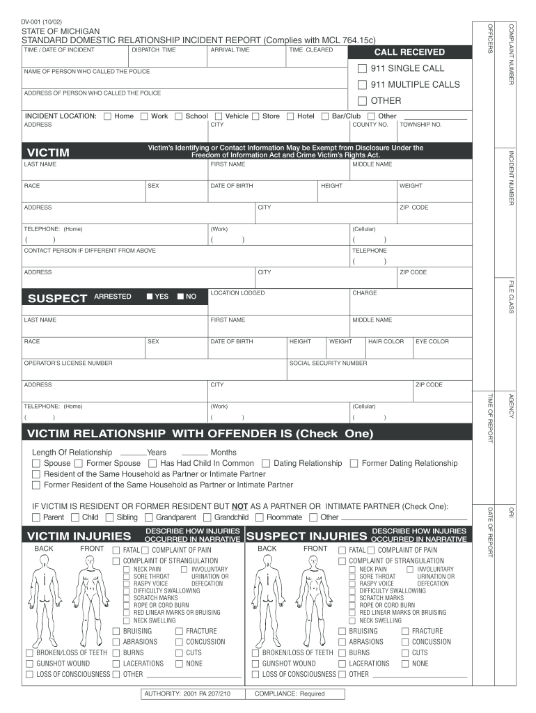 DV 001 Standard Domestic Relationship Incident Report 0604  Michigan  Form