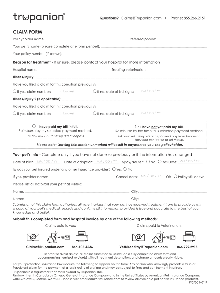  Trupanion Claim Form 2011-2024