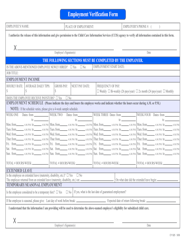  Employment Verification Form for Ccis 2006-2024