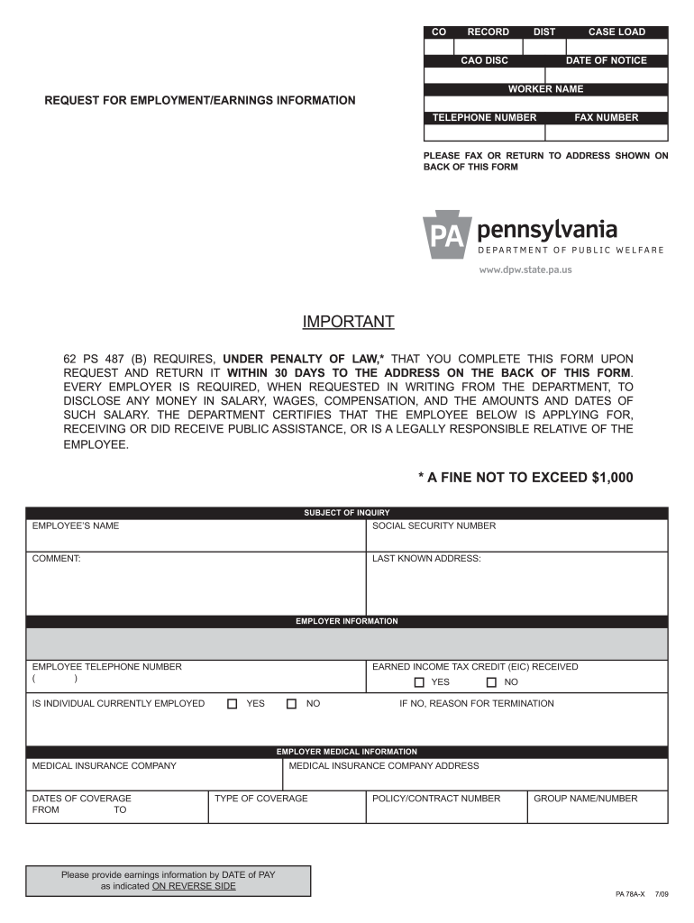  Pa Form 78a X Instructions 2009
