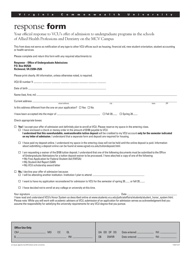 Vcu Response Form Online