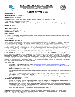 PORTLAND VA MEDICAL CENTER NOTICE of VACANCY VISN 20 Visn20 Med Va  Form