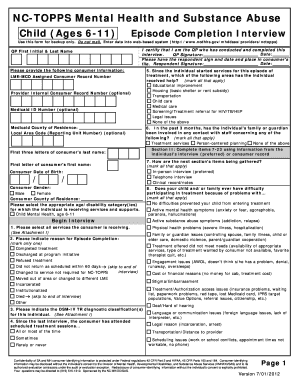 NC TOPPS Mental Health and Substance Abuse Child Ages 6 11 Episode Completion Interview Ncdhhs  Form