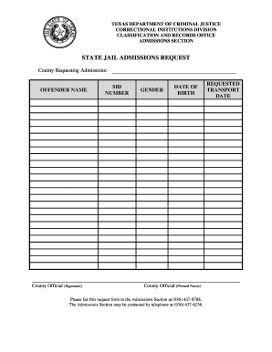 Jail Admision Forms Texas