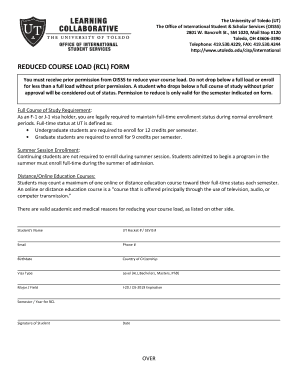 REDUCED COURSE LOAD RCL FORM Utoledo