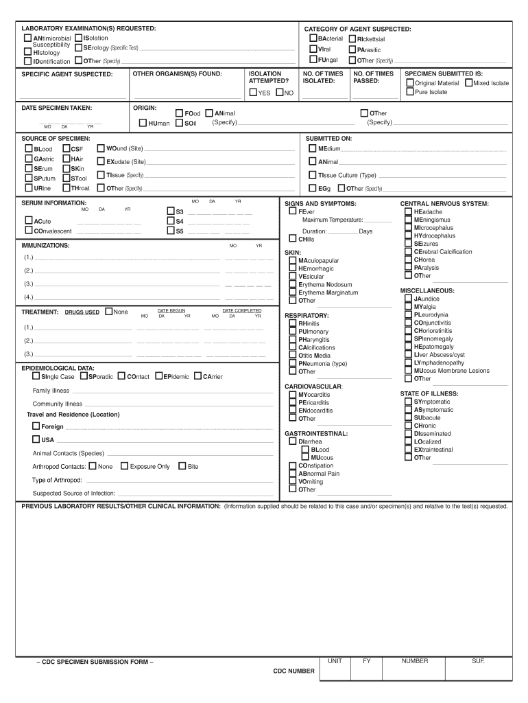 CDC Specimen Submission Form CDC Specimen Submission Form Cdc