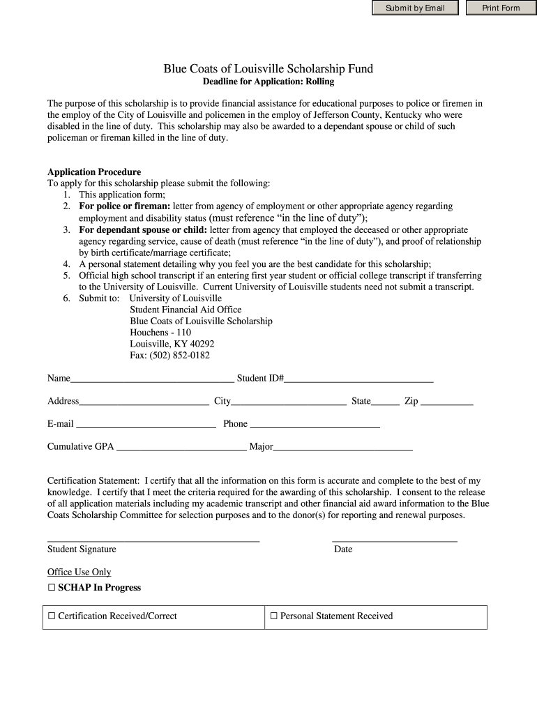 Blue Coats Scholarship App PDF  University of Louisville  Louisville  Form