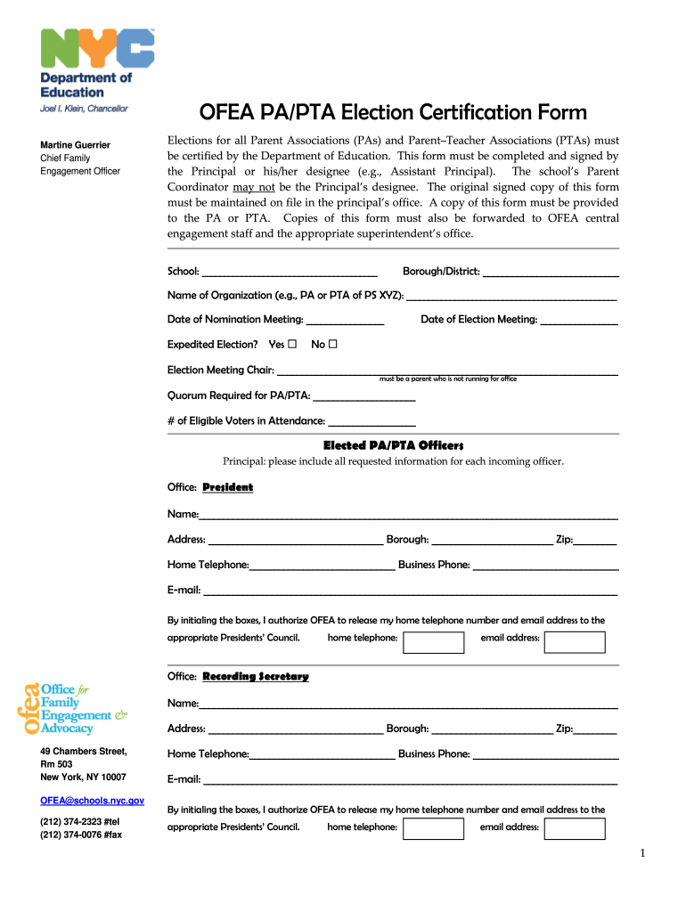 Election Pta Certification Form