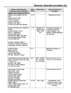 Behavior Disorders Providers List  Form