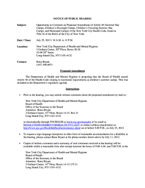 NOTICE of PUBLIC HEARING Subject Opportunity to NYC Gov Nyc  Form