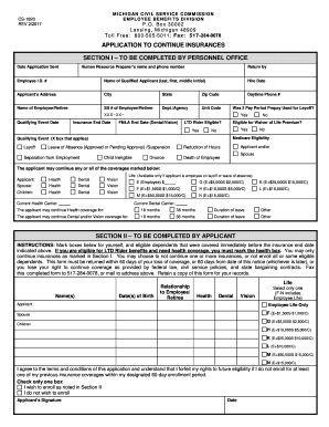  APPLICATION to CONTINUE INSURANCES Michigan 2017