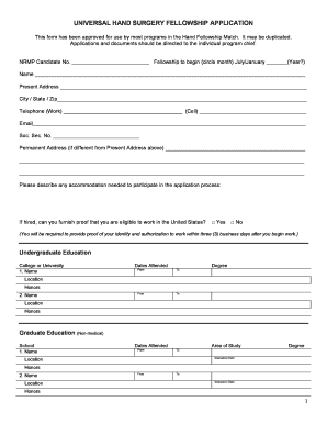 UNIVERSAL HAND SURGERY FELLOWSHIP APPLICATION  Form