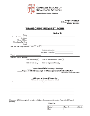 Umdnj Transcript Request  Form