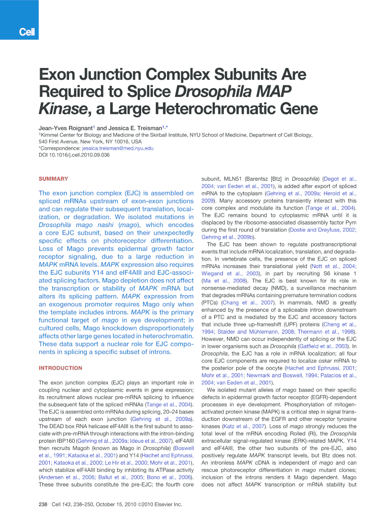 Exon Junction Complex Subunits Are Required to Splice Drosophila Saturn Med Nyu  Form