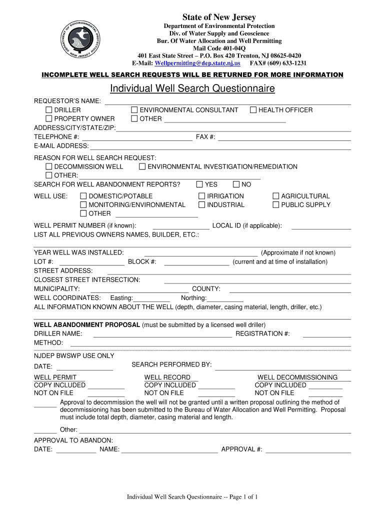 Njdep Individual Well Search Questionnaire Form