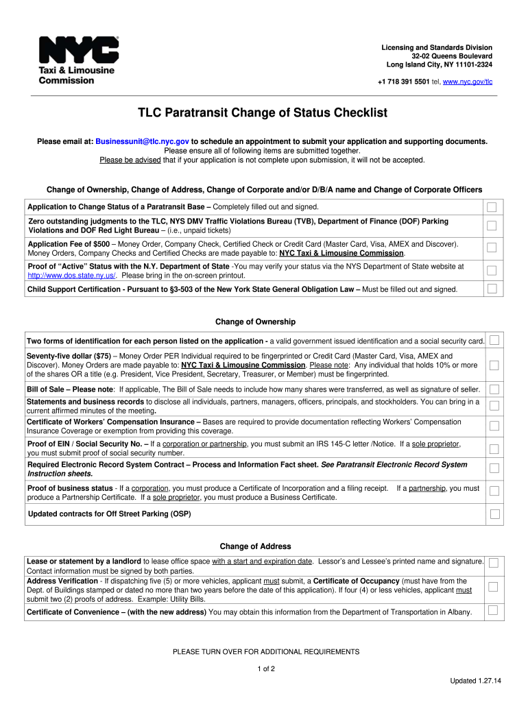  TLC Paratransit Change of Status Checklist  NYC Gov  Nyc 2014