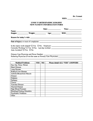 Cornett MRN UNMC P ORTHOPAEDIC SURGERY NEW PATIENT INFORMATION FORM Date Time Name Height Weight Age BMI Reason for Today's Visi