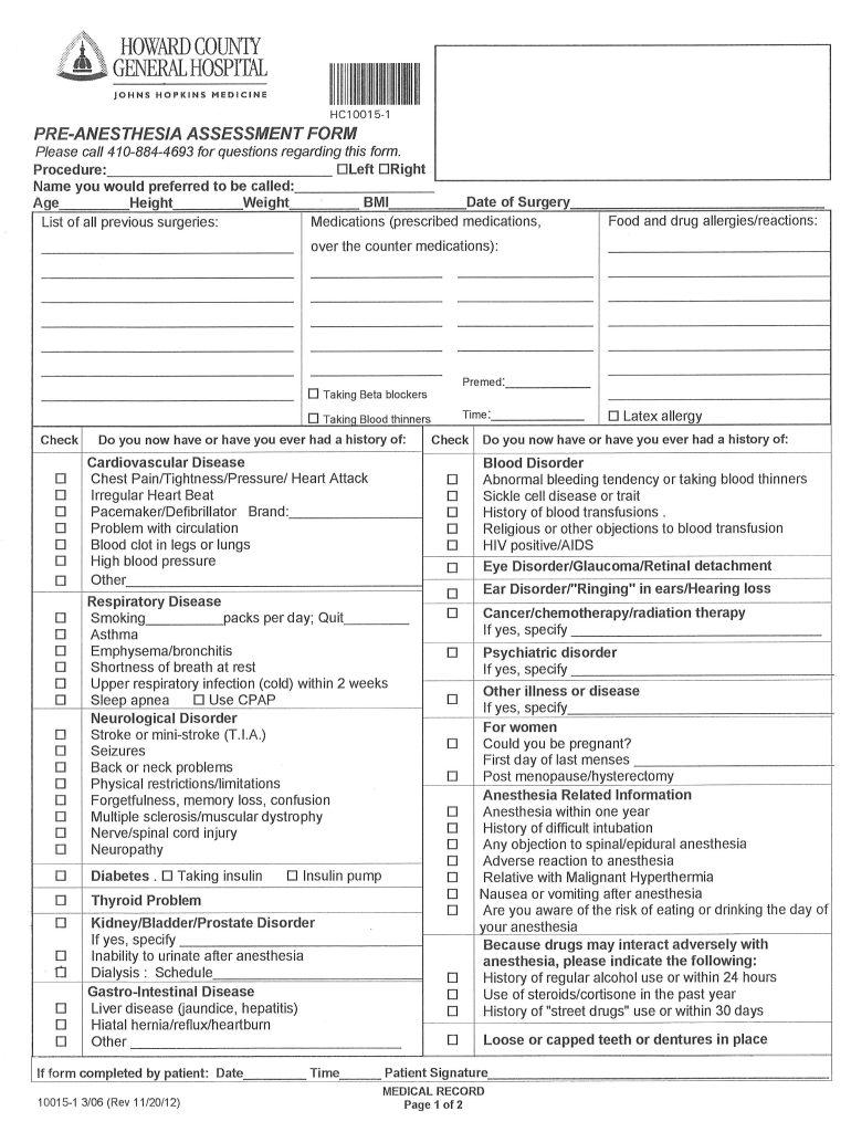  Preanesthesia Evaluation Form PDF 2012-2024