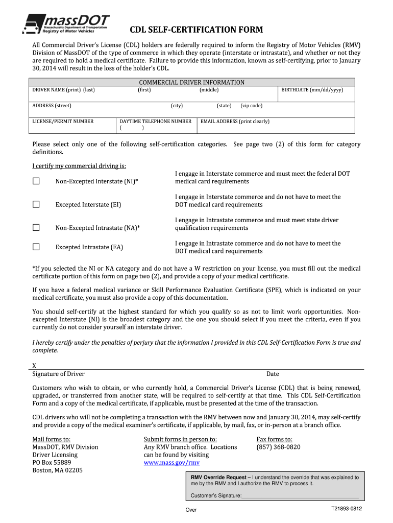  Ma Cdl Self Certification Faq  Form 2012