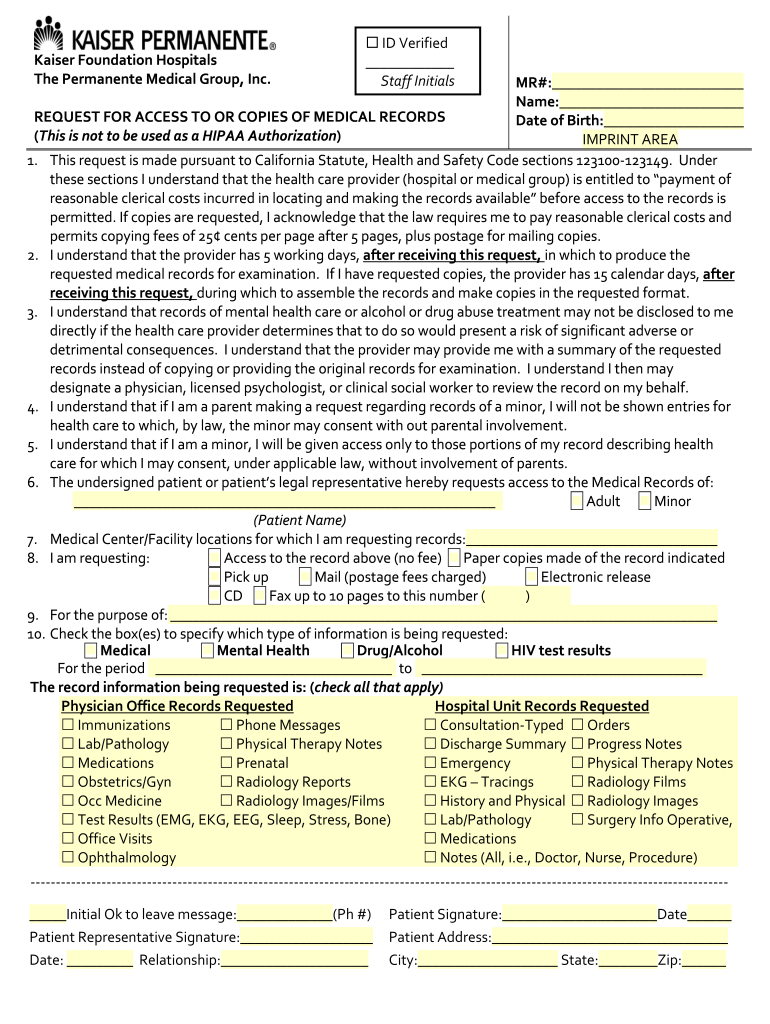 How to Request Copies of Medical Record from Kaiser Permanente  Form