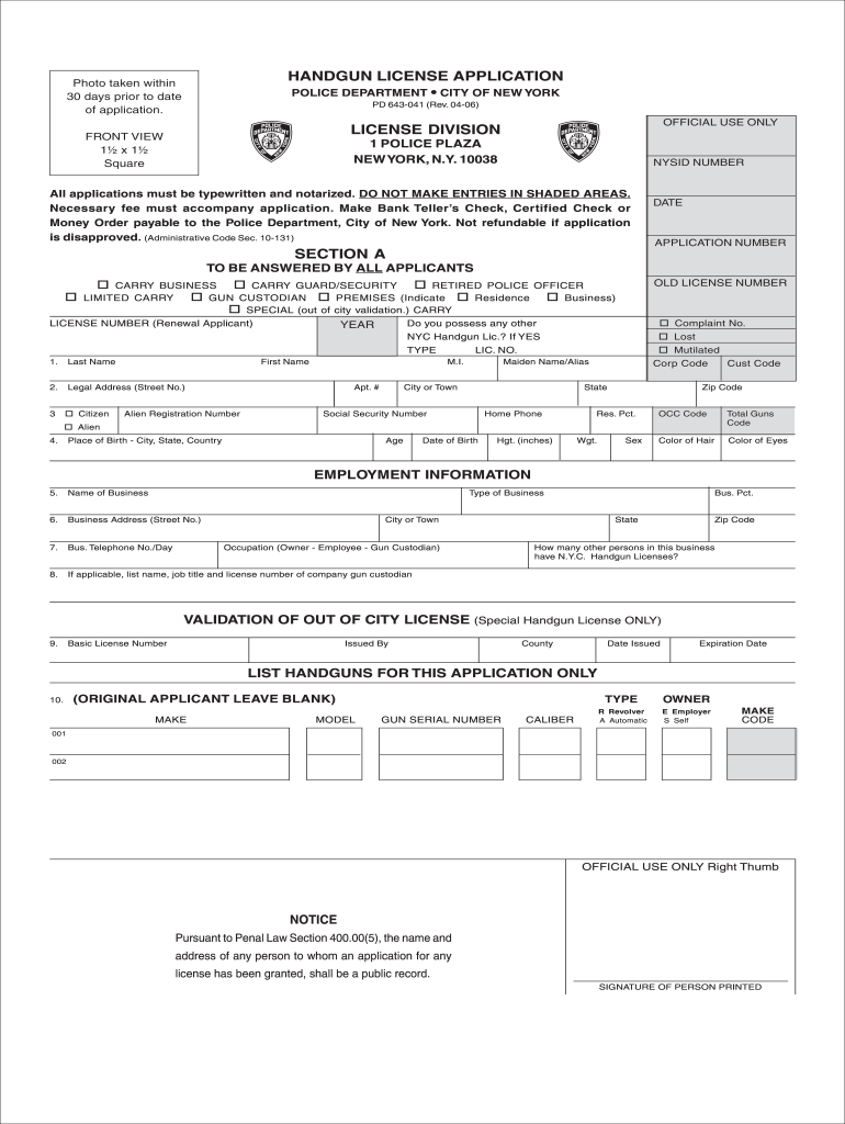  HANDGUN LICENSE APPLICATION LICENSE DIVISION NYC Gov Nyc 2010