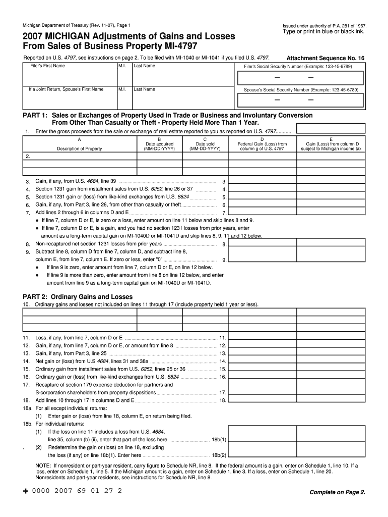 MICHIGAN Adjustments of Gains and Losses from Sales of Business Property MI 4797 Reported on U  Form