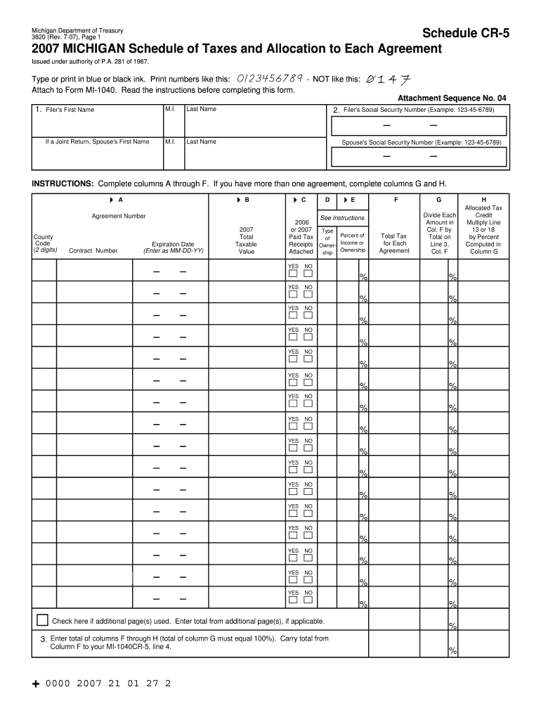 Reset Form Schedule CR 5 MICHIGAN Schedule of Taxes and Allocation to Each Agreement Michigan Department of Treasury 3820 Rev
