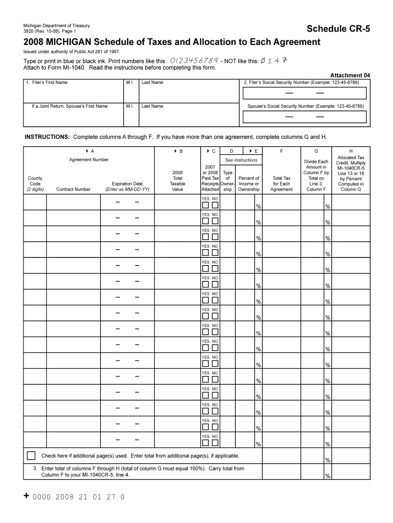 Reset Form Schedule CR 5 MICHIGAN Schedule of Taxes and Allocation to Each Agreement Michigan Department of Treasury 3820 Rev