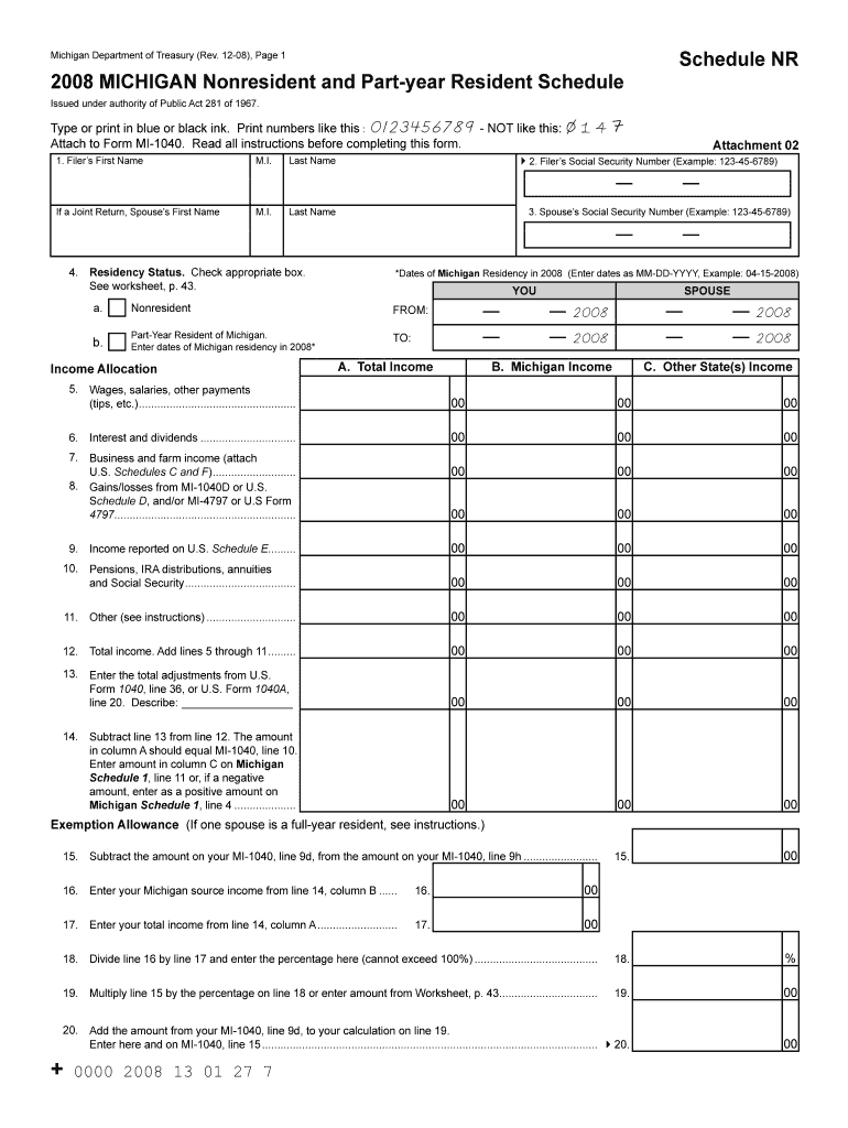 12 08, Page 1 MICHIGAN Nonresident and Part Year Resident Schedule Click on the I for Instructions  Form