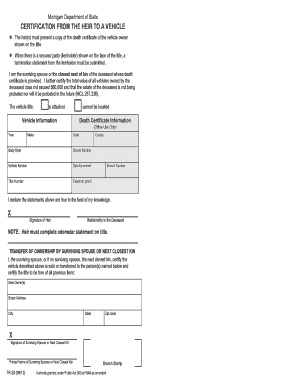 Certification from the Heir to a Vehicle  Form